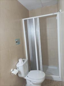 La salle de bains est pourvue d'une douche et de toilettes. dans l'établissement PENSIÓN CARLOS III, à Tomelloso