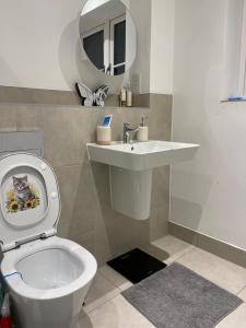 a bathroom with a toilet and a sink with a cat on the seat at En-suite bedroom in a family home near Gatwick airport and Horley station in Hookwood
