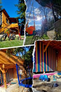 un collage de tres fotos de una casa y un patio de juegos en Tiny House Căsuța cocoțată - Valea Doftanei - 2camere, en Valea Doftanei