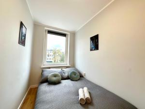 1 dormitorio con cama con almohadas y ventana en MMRent Waterfall Room en Gdansk