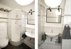 two pictures of a bathroom with a shower and a sink at Wohnung-Kaufhold in Wittdün