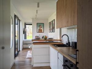 a kitchen with white cabinets and a counter top at Wooden house and modern container in Lekneno, near Zagreb in Lekneno