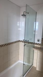 um chuveiro com uma porta de vidro na casa de banho em HOTEL BRIZO DEPARTAMENTO PARTICULAR em Salta