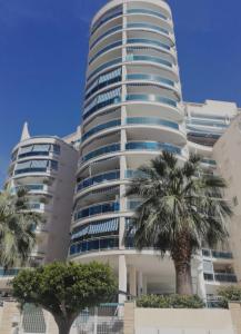 un edificio alto con palme di fronte di Bonito apartamento de la playa a Villajoyosa