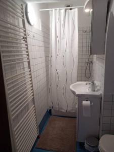 a bathroom with a shower curtain and a sink at Apartman Meda in Varaždin