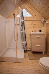 uma casa de banho com um chuveiro numa pequena casa em Gîte Le Refuge Nordique em Neufchâtel-Hardelot