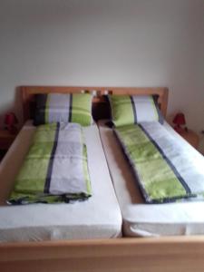 2 camas con almohadas verdes y blancas en Renovierte Ferienwohnung in Zandt mit Garten und Grill, en Zandt