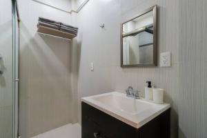 une salle de bain avec un lavabo, un miroir et une douche dans l'établissement 306 Zocalo Cathedral 2Bdrm 2bath apt AC Rooftop, à Mexico