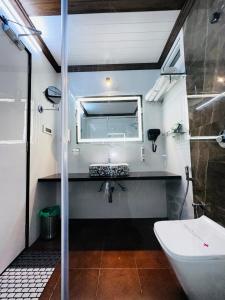 La salle de bains est pourvue d'un lavabo et de toilettes. dans l'établissement Beverly villa, à Ooty