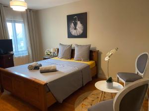 Un dormitorio con una cama y una mesa y sillas. en Gite le Saint André, en Villers-sur-Port