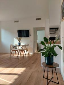 un salon avec une table et une plante en pot dans l'établissement Casa Mappamondo, à Lecco