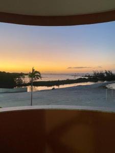 a view of a beach with a palm tree and the sunset at Apartamento Arraial do Cabo in Arraial do Cabo