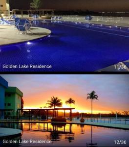 two pictures of a swimming pool with a sunset at Apartamento Arraial do Cabo in Arraial do Cabo