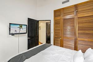 a bedroom with a bed and a flat screen tv at Peaceful Garden Villa in Sardinal