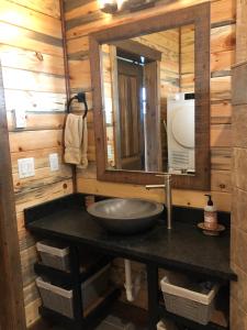 a bathroom with a sink and a mirror at New Cabin with Spectacular Views of Flathead Lake. in Somers
