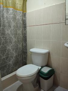 a bathroom with a toilet and a shower curtain at El anexos in Santiago de los Caballeros