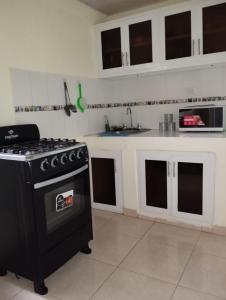 uma cozinha com um fogão preto e armários brancos em El anexos em Santiago de los Caballeros