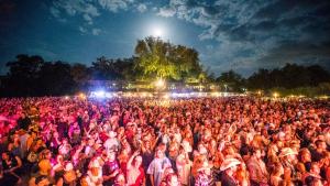 Une foule nombreuse de gens debout dans un champ la nuit dans l'établissement Hondo's River Haus RR 1300, à Canyon Lake