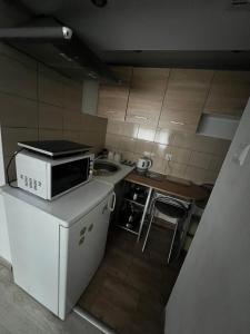 a small kitchen with a microwave on top of a refrigerator at Apartament Śnieżka in Zakopane