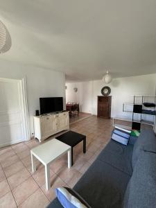 a living room with a couch and a tv at Maison au coeur de la rue pietonne in Saint-Jean-Pied-de-Port