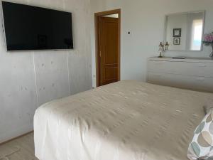 Schlafzimmer mit einem Bett und einem Flachbild-TV in der Unterkunft Villa Charneca, jardín y mar in Vigo