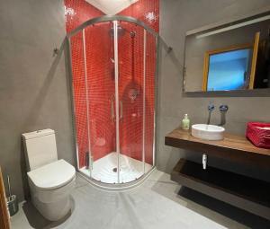 ein Bad mit einer Dusche, einem WC und einem Waschbecken in der Unterkunft Villa Charneca, jardín y mar in Vigo