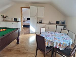 a dining room with a pool table and a kitchen at The Attic in Kilkenny