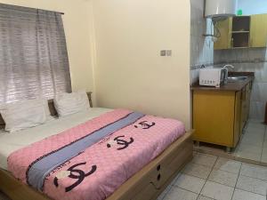 Dormitorio pequeño con cama con manta rosa en Yessit Homestay en Abuja