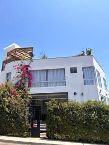 un edificio blanco con arbustos delante de él en Casa de campo con piscina, en San Antonio