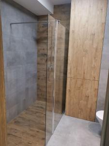 La salle de bains est pourvue d'une douche avec une porte en verre. dans l'établissement Apartament Jarosław, à Jarosław
