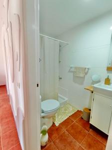 a bathroom with a toilet and a glass shower at Casa La Pepita in Caleta De Fuste