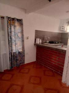 cocina con fregadero y pared de ladrillo rojo en Studio Luna, en Pereira