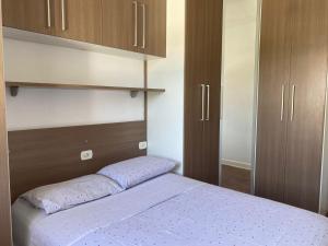 a small bedroom with a bed and wooden cabinets at Apto/garagem coberta/900m-Centro in Registro