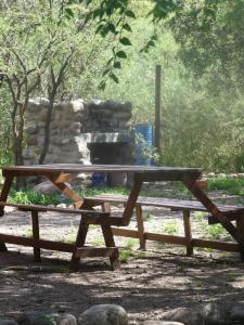 una mesa de picnic de madera frente a una chimenea de piedra en Cabañas PLÉYADES en 