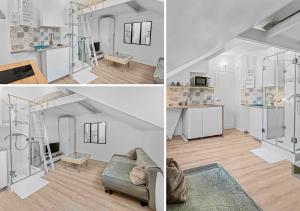 eine Collage mit Fotos von einem Wohnzimmer und einer Küche in der Unterkunft Esprit Nogentais - Vue sur Tour Eiffel in Nogent-sur-Marne