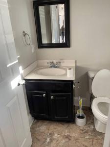 a bathroom with a sink and a toilet and a mirror at Beautiful Home located in an Amazing Neighborhood! in Winterville