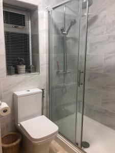 a bathroom with a toilet and a glass shower at studio flat near NEC, Solihull & Airport. Short & Long stay Contractors HS2, NHS in Solihull