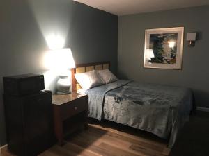 a bedroom with a bed and a lamp and a television at Lamplighter Motel in Longmont