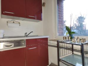 eine Küche mit roten Schränken, einem Waschbecken und einem Fenster in der Unterkunft Penthouse posh in Troisdorf