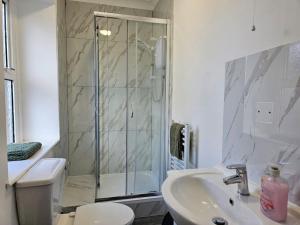 ein Bad mit einer Dusche, einem WC und einem Waschbecken in der Unterkunft Modern & Stylish 1 bedroom flat in Bridgend town in Bridgend