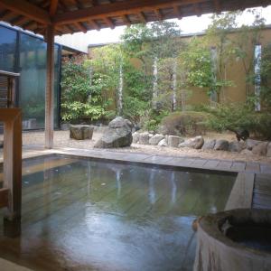 a swimming pool in the middle of a garden at Ryokan Yukeikohan Suitenkaku in Matsue
