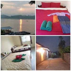 a collage of four pictures of a bed and a lake at Baan Dongsak River view in Sangkhla Buri