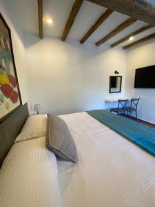 a large bed in a room with a television at Hotel Tierra Marina Centro Historico in Mazatlán