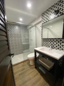 a bathroom with a shower and a sink and a toilet at Hotel Tierra Marina Centro Historico in Mazatlán