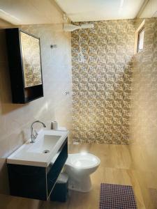 a bathroom with a sink and a toilet at Casa piscina 3 quartos in Goiânia
