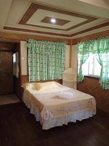 una camera da letto con un letto con tende verdi e una finestra di Greenviews Resort & Restaurant Port Barton a San Vicente Altre 16 foto