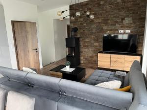 uma sala de estar com um sofá e uma televisão de ecrã plano em Apartmánový dom Panoráma Park Vlková 