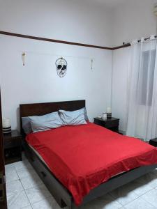 a bedroom with a red bed with a skull on the wall at MozBnb in Maputo