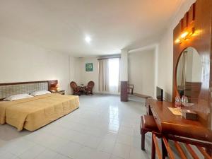 1 dormitorio con cama, escritorio y espejo en Hotel Wisata Indah Sibolga en Sibolga