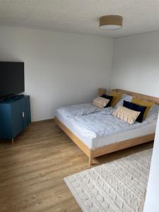 een slaapkamer met een bed en een flatscreen-tv bij Ferienhaus in der Rhön in Bischofsheim an der Rhön